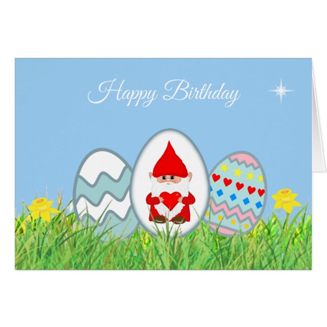 Cartão Ovos de Páscoa Pintados e Gnomo de Aniversário Cut (Frente Horizontal)