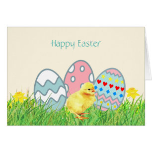 Cartão Ovos de Páscoa pintados e Pintinho de Cuta