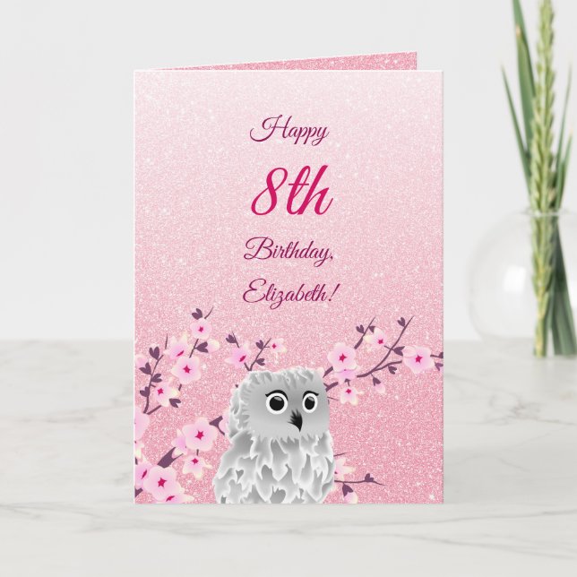 Cartão Owl Cherry Blossoms Happy Birthday Pink Glitter (Frente)