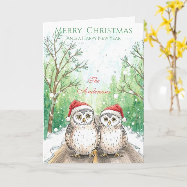 Cartão  Owl Family Christmas Card – Green Woodland Owls (Flor Amarela)