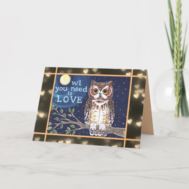Cartão Owl Valentine Love Azul Sepia Lua Personalizado (Frente)