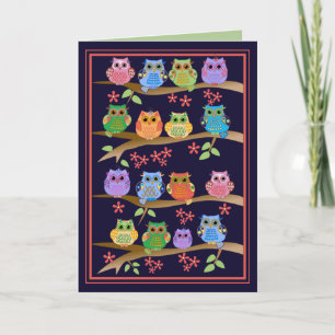 Cartão Owls on branches cute text Birthday card