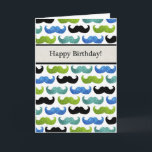 Cartão Padrão de bigode azul - Parabéns para ele<br><div class="desc">bigodes,  turquesa,  engraçado,  preto,  aniversário,  verde,  retro,  humor,  cavalheiro,  moderno,  bigode,  padrão,  feliz aniversário,  feliz,  azul,  verde,  turquesa,  cheiros,  bigodes,  bigode</div>
