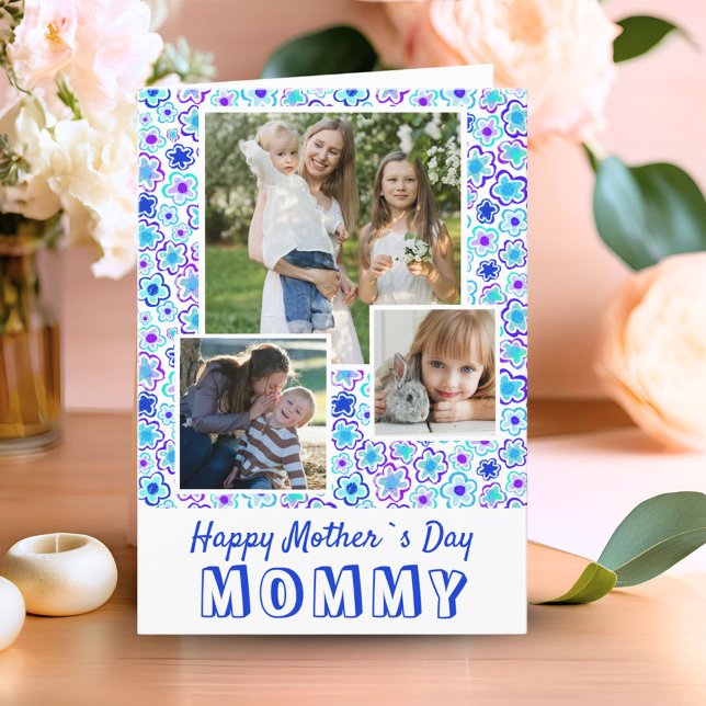 Cartão Padrão de Flor Azul Feliz Dia da Mãe 3 Foto (Criador carregado)