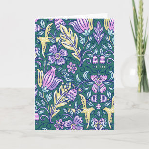 Cartão Padrão de Flores e Pássaros em Estilo Antigo