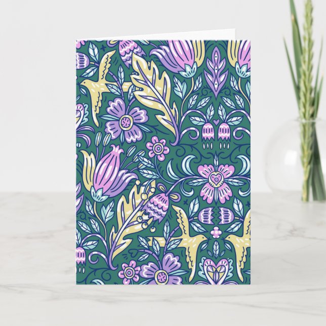 Cartão Padrão de Flores e Pássaros em Estilo Antigo (Frente)