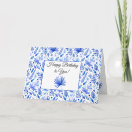 Cartão Padrão de Folhas Tropicais Azul Cobalto Feliz Aniv