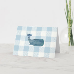 Cartão Padrão de Gingham Azul de Baleia Náutica