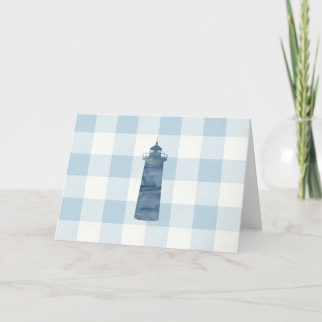 Cartão Padrão de Gingham Azul de Farol Náutico (Frente)