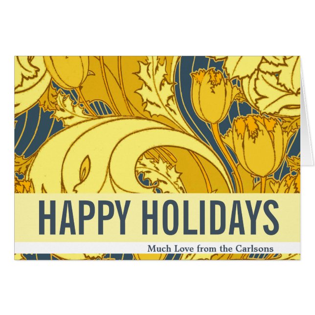 Cartão Padrão Dourado da Tulipa Azul da Vintage (Frente Horizontal)