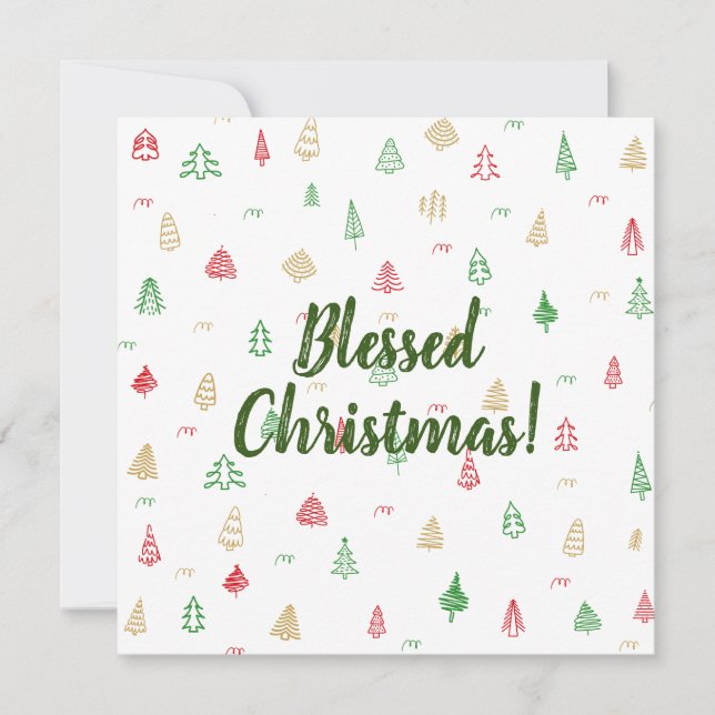 Cartão Padrão Dourado de Árvores de Natal Vermelhos (Frente)