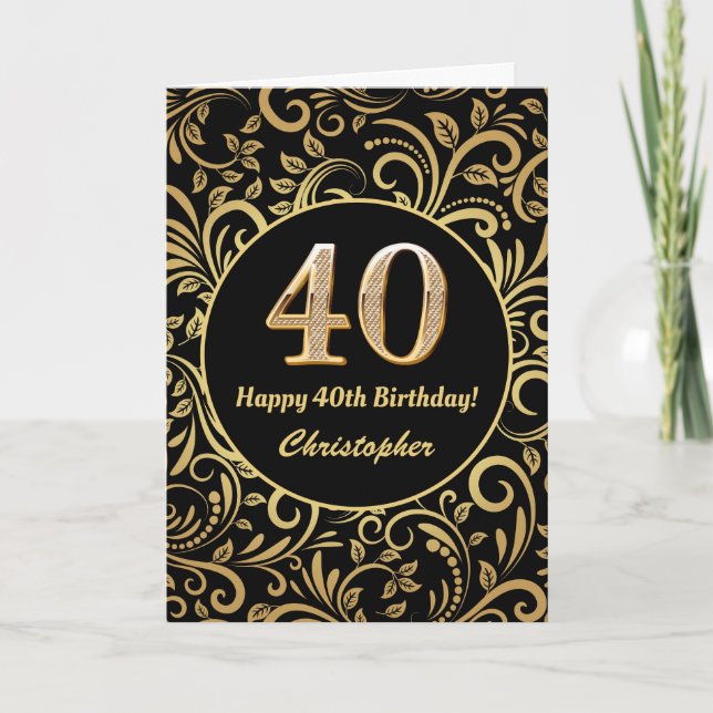 Cartão Padrão Floral aniversário de 40 anos preto e Doura (Frente)