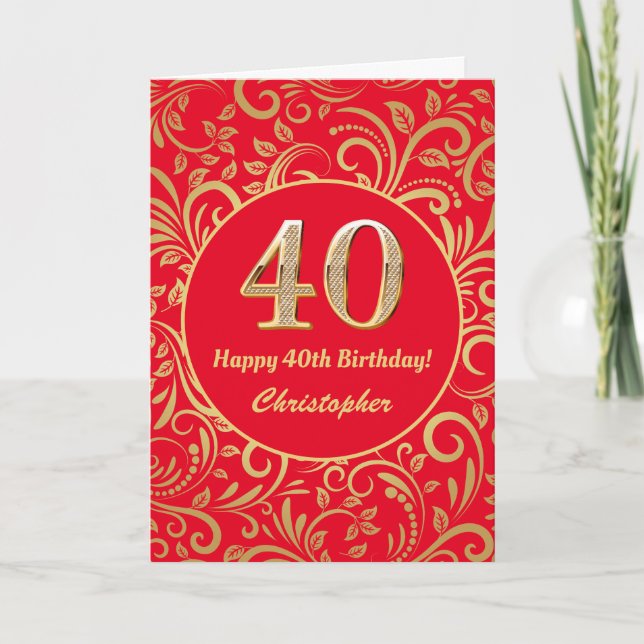 Cartão Padrão Floral aniversário de 40 anos Vermelho e Do (Frente)