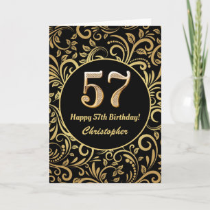 Cartão Padrão Floral Preto e Dourado de Aniversário de 57