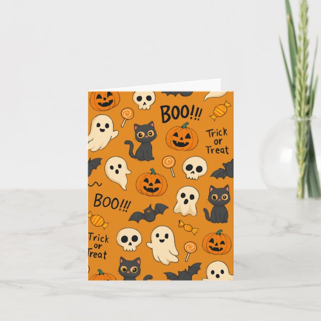 Cartão Padrão Fofo de Halloween com Fantasmas, Abóboras,  (Frente)