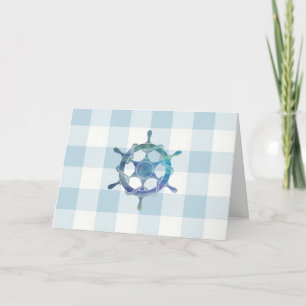 Cartão Padrão Náutico de Gingham Azul de Roda de Navegaçã