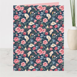 Cartão Padrão Romântico de Jardim Floral Azul Marinho