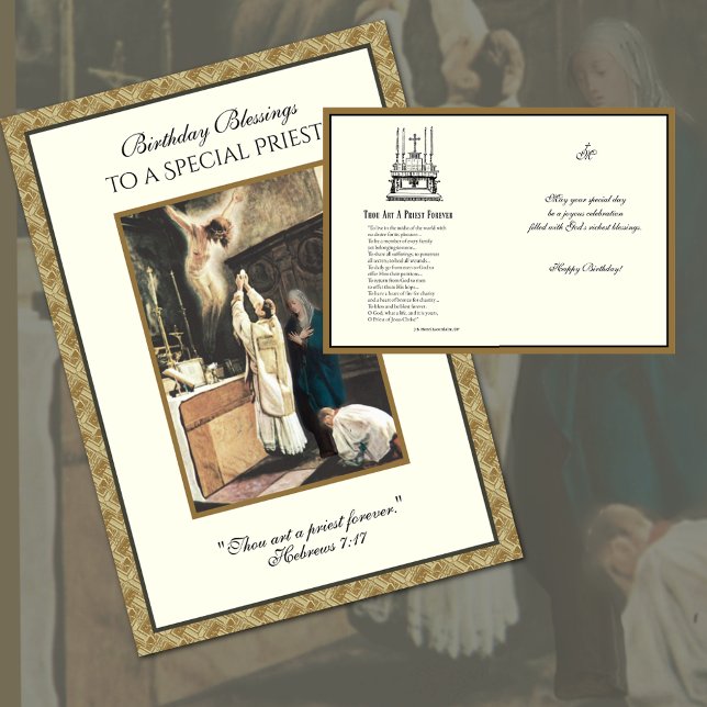 Cartão Padre Católico Oração de Aniversário Servidor Alta (Catholic Priest Birthday Greeting Card with the Sacrifice of the Holy Mass & Virgin Mary)