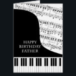 Cartão Padre Piano e Music Aniversário<br><div class="desc">Um cartão de aniversário para um pai que gosta de música piano. Um piano de cauda com as chaves na parte inferior da carta. Uma folha de música preenche o fundo. Um cartão de excelente para alguém que adora música. Este NÃO é um cartão musical,  NÃO toca música:</div>