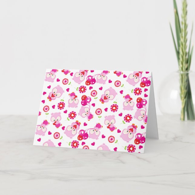Cartão Padrões De Corujas, Corujas Frescas, Corujas Rosa, (Frente)