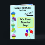 Cartão Pai Aniversário Cupcake Azul Torre Kids Trabalho d<br><div class="desc">Feliz PAI de aniversário é escrito em tipografia vermelha e preta contra fundo azul-turquesa claro com balões coloridos. Baunilha jovem e cupcakes decorados com chocolate. É o seu dia especial escrito contra o retângulo geométrico verde-claro e amarelo. Dentro à esquerda tem desejos de aniversário para PAI em tipografia azul e...</div>