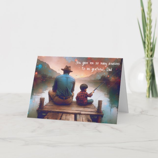 Cartão Pai de Aquarela e Garoto que pescam Aniversário (Frente)