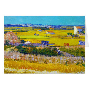 Cartão Paisagem da colheita com carro azul Vincent van
