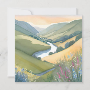 Cartão Paisagem de Colinas Onduladas Aquarela Bonita