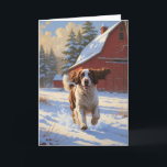 Cartão Paisagem Inglesa do Springer Spaniel Winter Barn<br><div class="desc">Uma pintura de inverno realista e emocionante de um espanhol Inglês Springer com um casaco fluffy e cauda ondulando alegremente através de campos cobertos de neve. Suas longas orelhas fluem no vento enquanto ele corre através de um ruivo celeiro vermelho com telhados de neve, enquadrados por pinheiros torrenciais pesados com...</div>