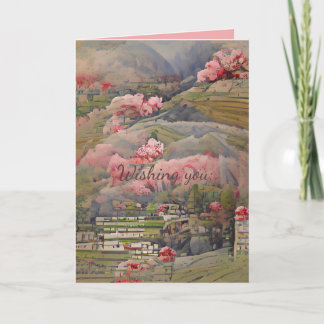 Cartão Paisagem japonesa com flores cor-de-rosa texto per