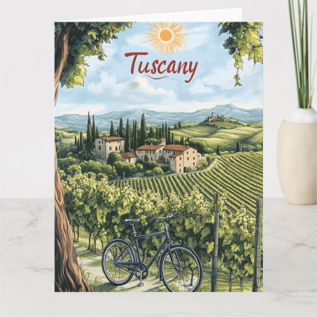 Cartão Paisagem Toscana com Vinhas e uma Bicicleta (Frente)