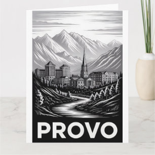 Cartão Paisagem Urbana de Provo Utah Preto Branco Xilogra