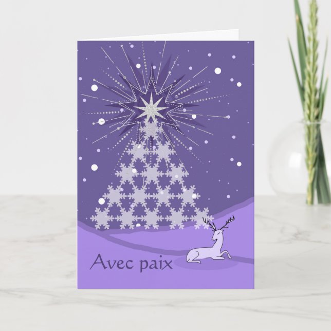 Cartão Paix Peace in French Christmas Tree and Deer (Frente)
