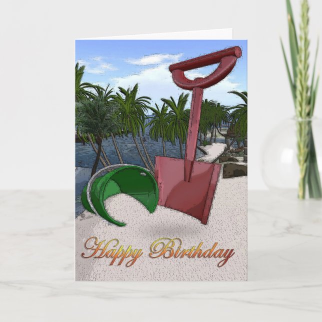 Cartão Palmeiras praia oceano litoral balde de areia verm (Frente)