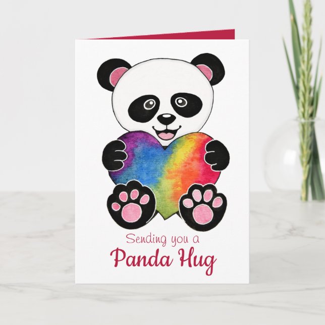 Cartão Panda Cuta De Aquarela Com Coração Arco-Íris (Frente)