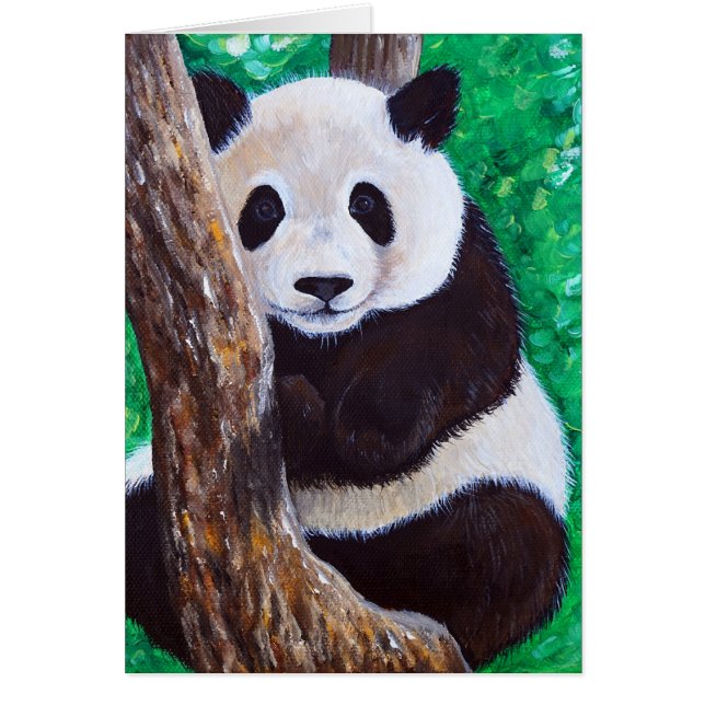Cartão Panda em uma placa de saudação de pintura em árvor (Frente)
