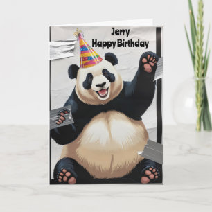 Cartão Panda gigante sentado usando chapéu de aniversário