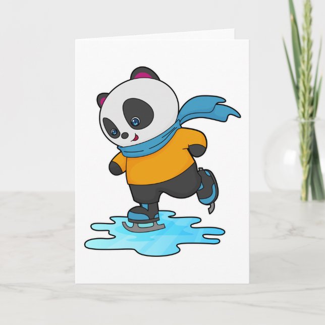 Cartão Panda no patins de gelo com patins de gelo e cache (Frente)