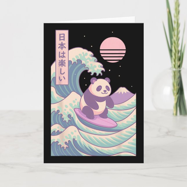 Cartão Panda Surfando Onda Japonesa Japão  (Frente)