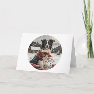 Cartão Pano Collie Dog Snowman na fronteira de Natal