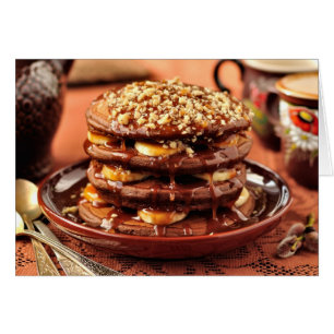 Cartão Panquecas de Chocolate com Bananas e Caramelo