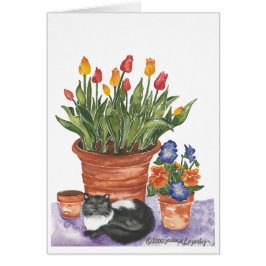 Cartão Pansies de Gato Tulips Watercolor "Penelope"