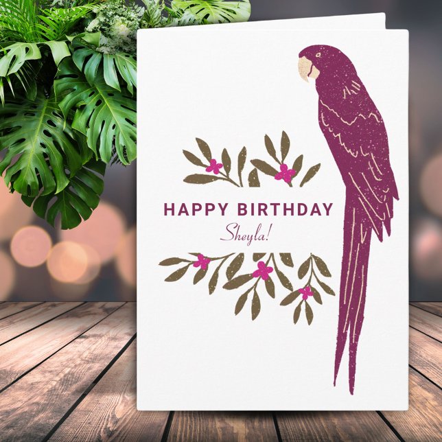 Cartão Papagaio Ara Desenho de Folhas Tropicais Aniversár (Criador carregado)