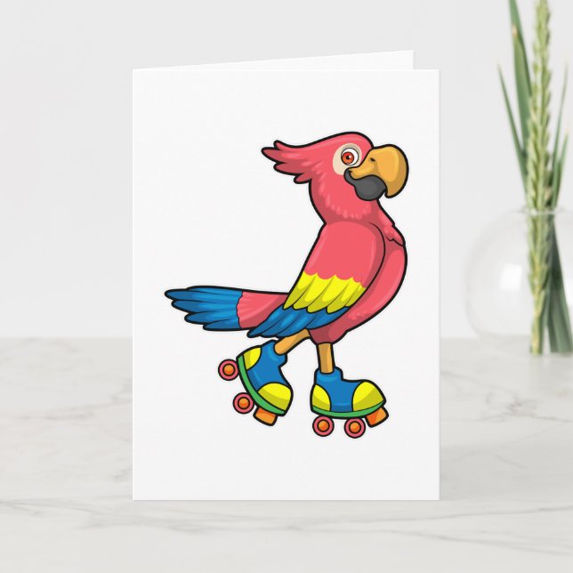Cartão Papagaio como patinador com patins de rolo (Frente)