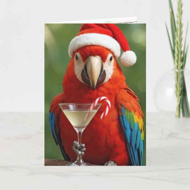 Cartão Papagaio de Natal segurando um coquetel (Frente)