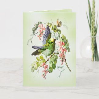 Cartão Papagaio Verde e Flor de Acácia Rosa Vintage