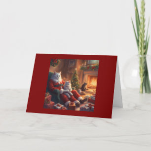 Cartão Papai Gato como Papai Noel com gatinhos no Natal