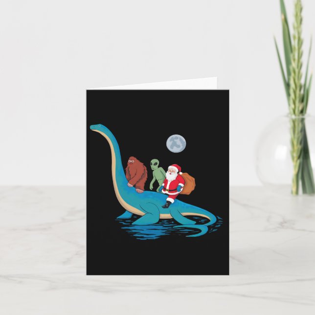 Cartão Papai Noel Alien do Pé Grande montando dinossauro  (Frente)