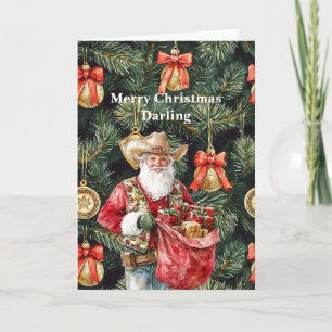Cartão Papai Noel Caubói Ocidental Dourado Natal