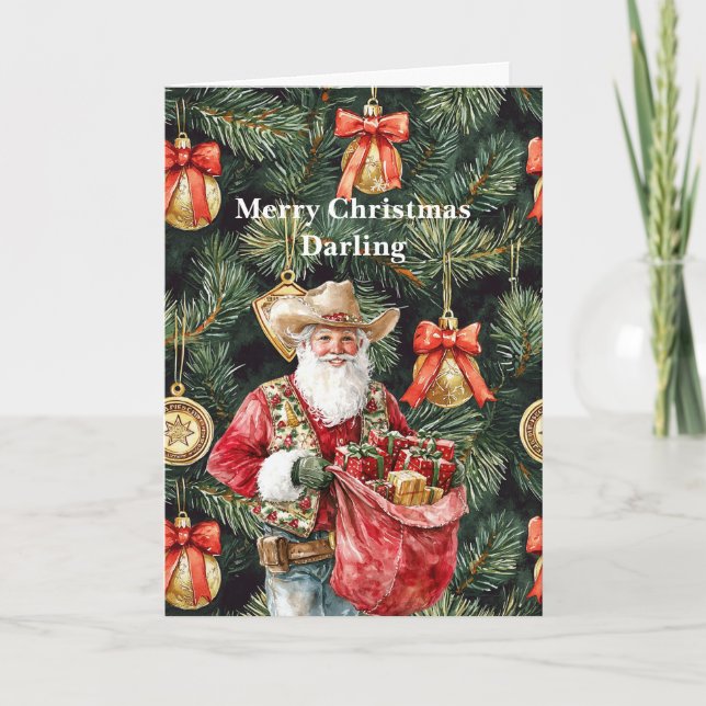 Cartão Papai Noel Caubói Ocidental Dourado Natal  (Frente)
